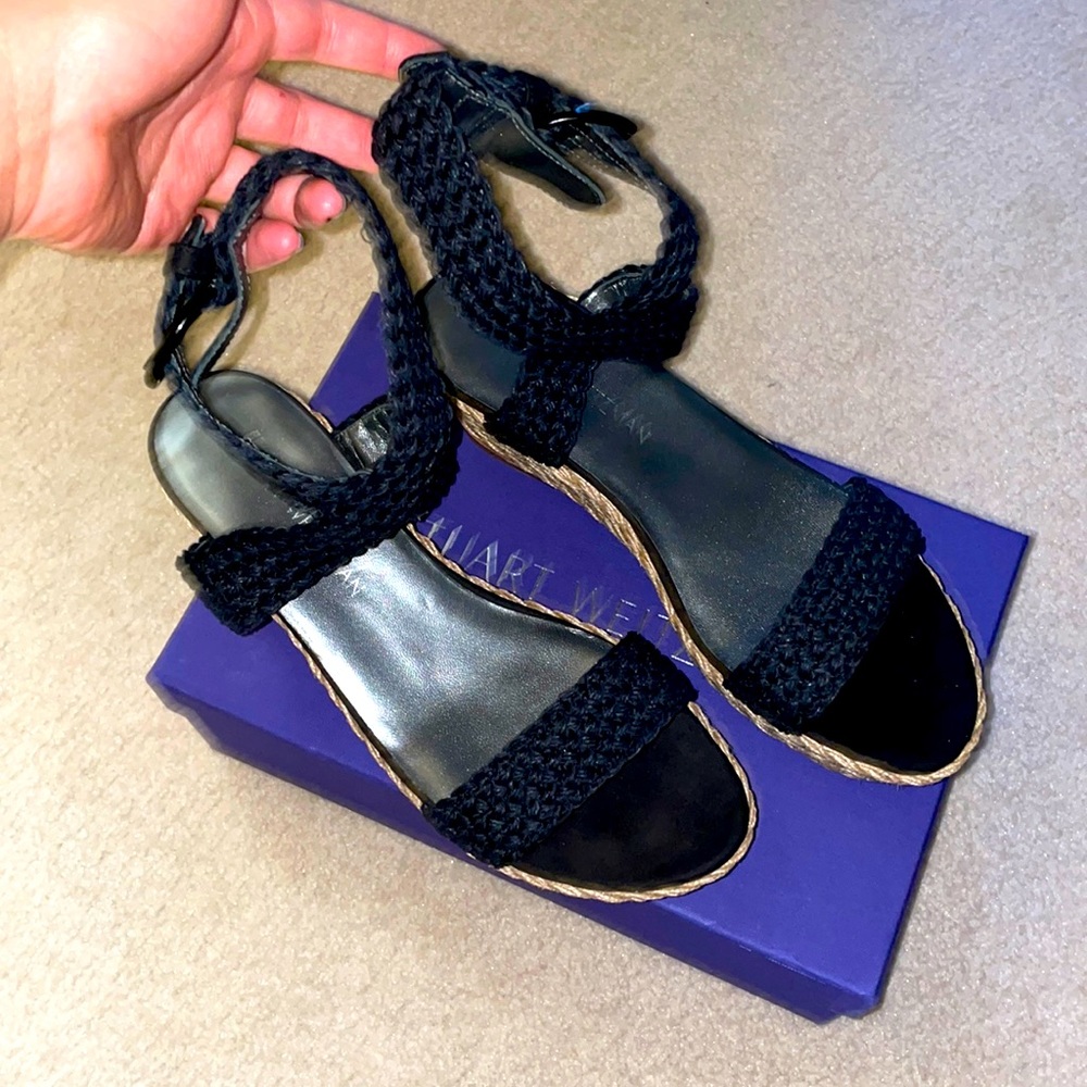 Stuart Weitzman Alex Lo Black Crochet Wedge Sandals